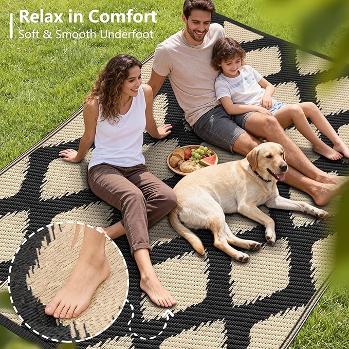 COOLTOP 9'x12’ Outdoor Rug for Patios Porches, Waterproof Plastic Camping Rugs, Modern Reversible Mat, Large Area Rugs for Backyard, Deck, RV, Balcony, Picnic, Beach, Black & Beige