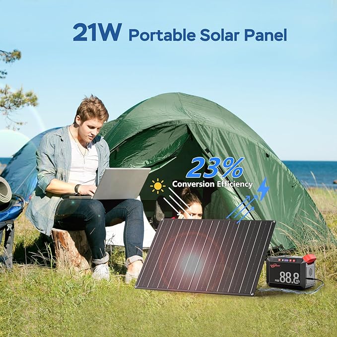 POWSTREAM 21W-Portable-Solar-Panel-Power-Charger Camping 88.8Wh Solar Generator with AC Output and Solar Panel High Efficiency Battery Supply for iPhone,iPad,Outdoor Adventures Home Blackout