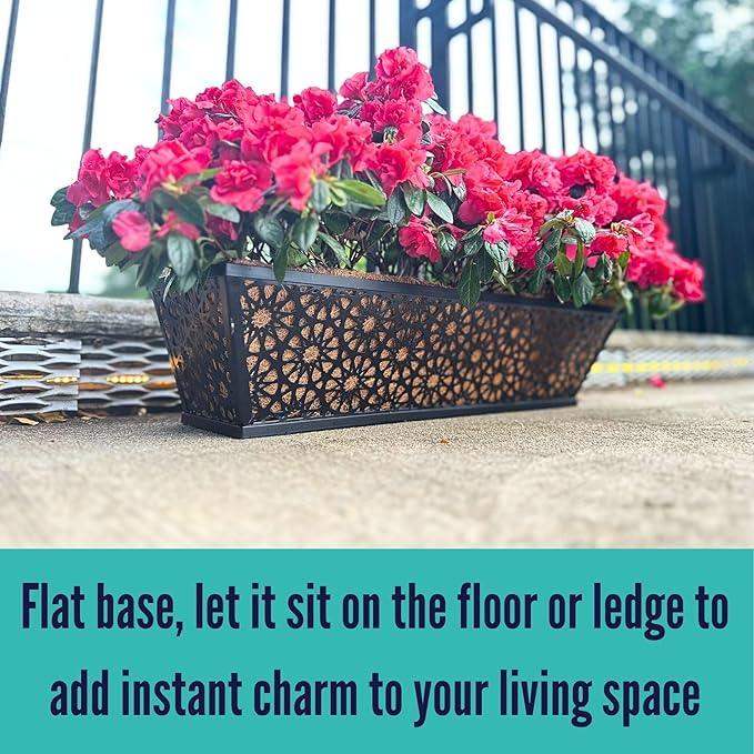 LaLaGreen Window Planter Boxes Outdoor (24 Inch, 4 Pack) Large Fence Hanging Planters Outdoor Plants, Metal Deck Railing Flower Box with Coco Liner, Modern Horse Troughs Balcony Pots Patio Porch Rail