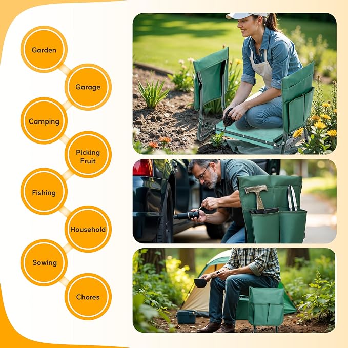 Simple Deluxe Garden Kneeler and Seat, Foldable Kneeling Stool with Thicker EVA Foam Pad Heavy Duty Bench, with Tool Pouch, Gifts for Outdoor Gardening, Fishing, Green, Arbor Day Gift