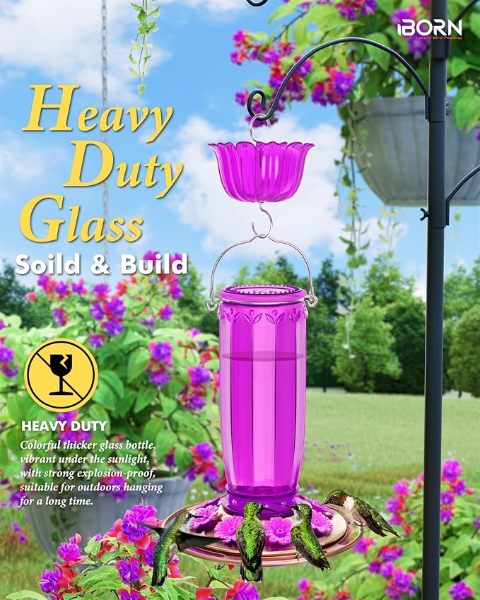 iBorn Hummingbird Feeders for Outdoors Hanging with Ant Moat for Hummingbird Feeder Glass 8 Ports for 16oz Hummingbird Nectar,Fuchsia Magenta, Copper Brush Cover,Pack of 1