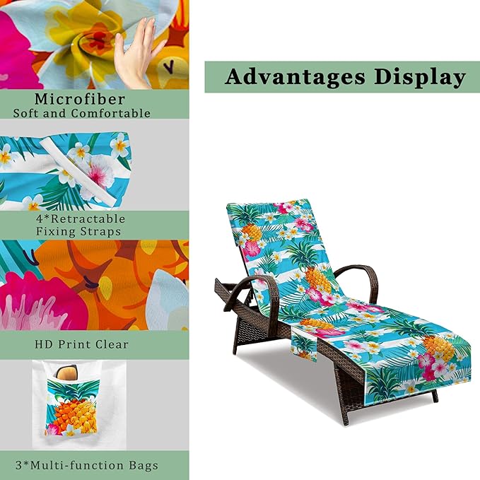 Lounge Chair Towel Cover, Beach Chair Cover (Pack of 2), Pool Lounge Chair Covers for Outdoor,Garden, Beach,Sun Lounger,Hotel Pool,Large Size and No Sliding, 85" X 30", Pineapple