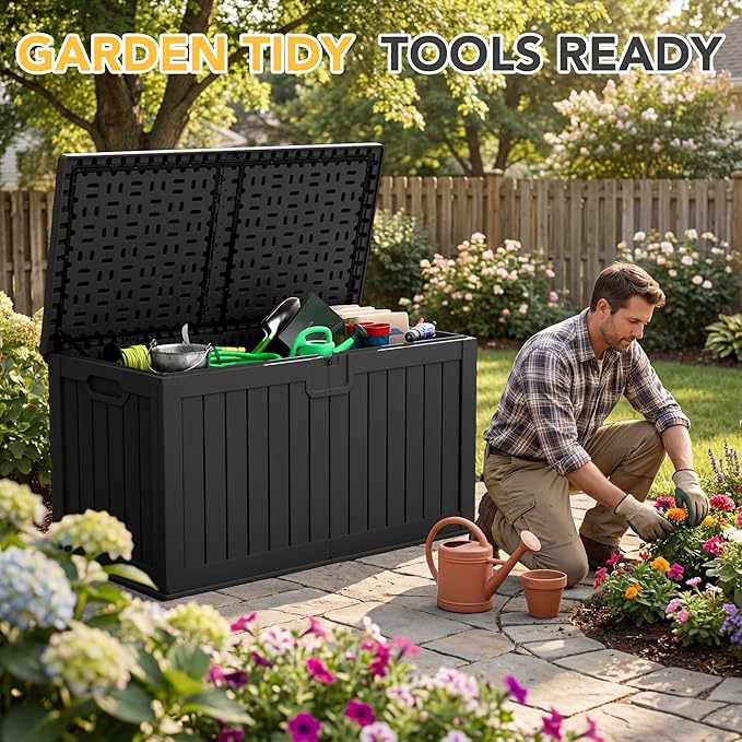 240 Gallon HDPE Deck Box Outdoor Indoor Waterproof Storage Box for Patio Furniture, Pool Accessories, Garden Tools, and Cushion Storage, Black