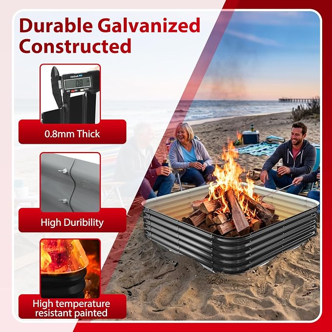 Height 16.5 Inch, Square Galvanized Steel Fire Pit for Outside, Heavy Duty Steel Fire Pit In-Ground for Backyard, Camping, Bonfire, Flower Raised Garden Bed for Garden (4x4x1.5ft)