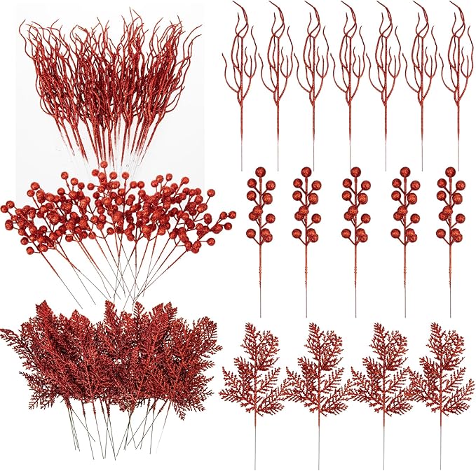 75 Pcs Christmas Glitter Branches, 3 Styles Artificial Christmas Picks with Red Berries, Pine Needles and Twig Sprays for Xmas Tree Ornaments, DIY Wreaths and Holiday Garland Decorations
