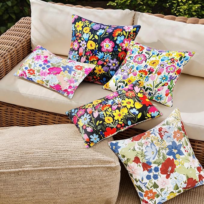 Adabana Spring Outdoor Waterproof Floral Pillow Covers Set of 2 Square Colorful Couch Cushion Cases 20x12 Inch Waterproof Decorative Pillows for Patio Garden Beach,Pink