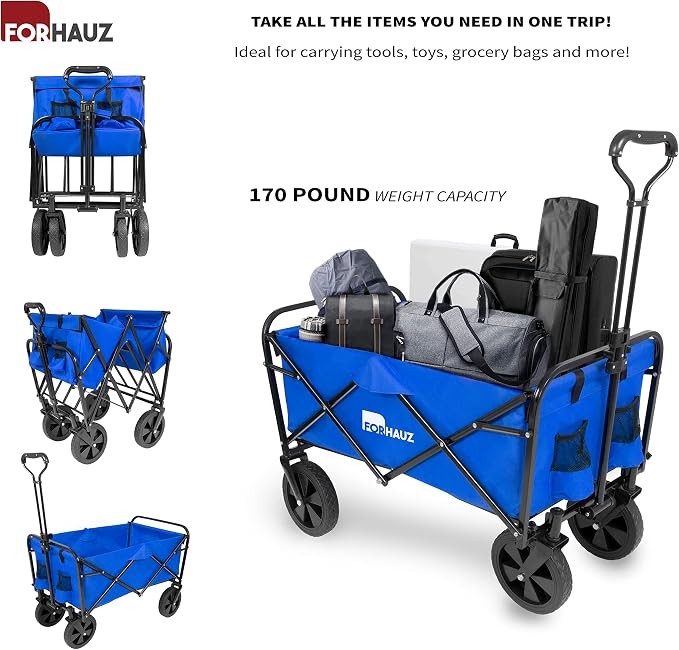 ForHauz Folding Collapsible Heavy Duty Wagon Cart with All-Terrain Wheels for Outdoor Utility, Beach and Garden, Blue