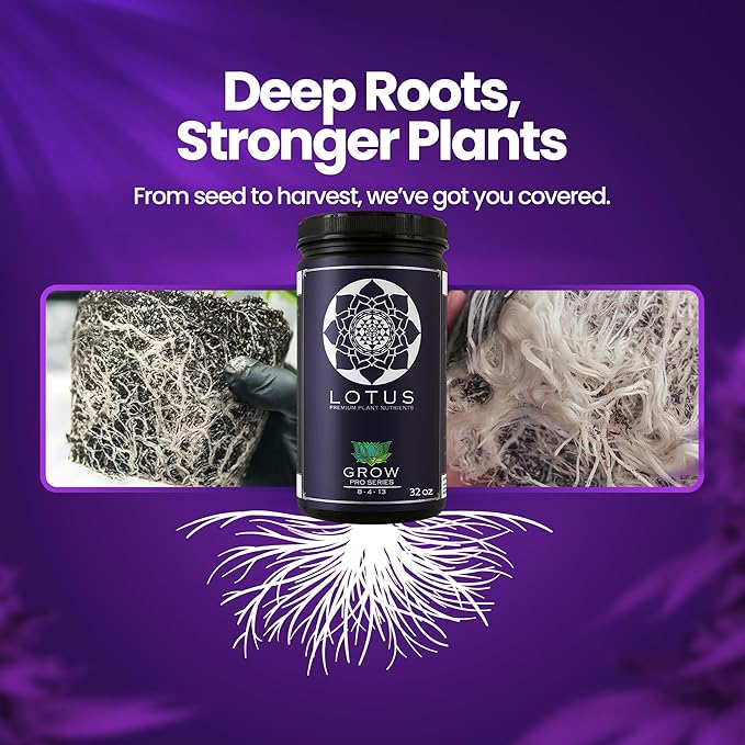 Lotus Nutrients Grow Pro Series, Water Soluble Plant Nutrient Powder, 14+ Ingredients with Chelated Micronutrients and Amino Acids, for Coco Coir, Hydroponics, Soil, Indoor and Outdoor Grows, 32oz