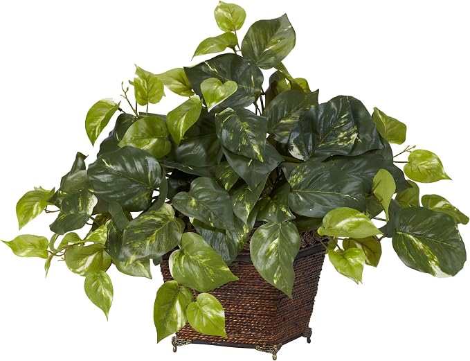 Nearly Natural Pothos with Coiled Rope Planter Silk Plant