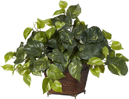 Nearly Natural Pothos with Coiled Rope Planter Silk Plant