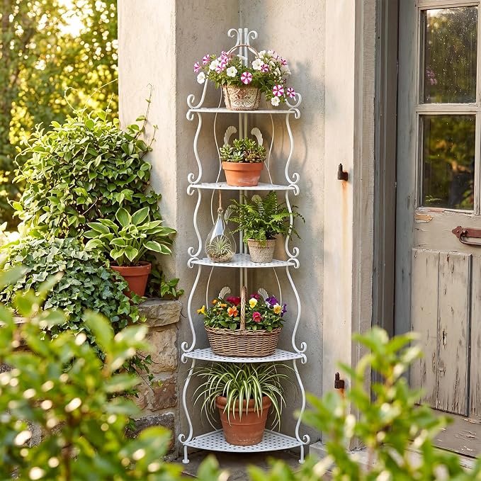 Gisafai 5 Tier Outdoor Corner Plant Stand, Corner Bakers Rack, No Assembly Required Metal Corners Shelf, for Patio Garden Balcony Indoor Outdoor Decor (White)