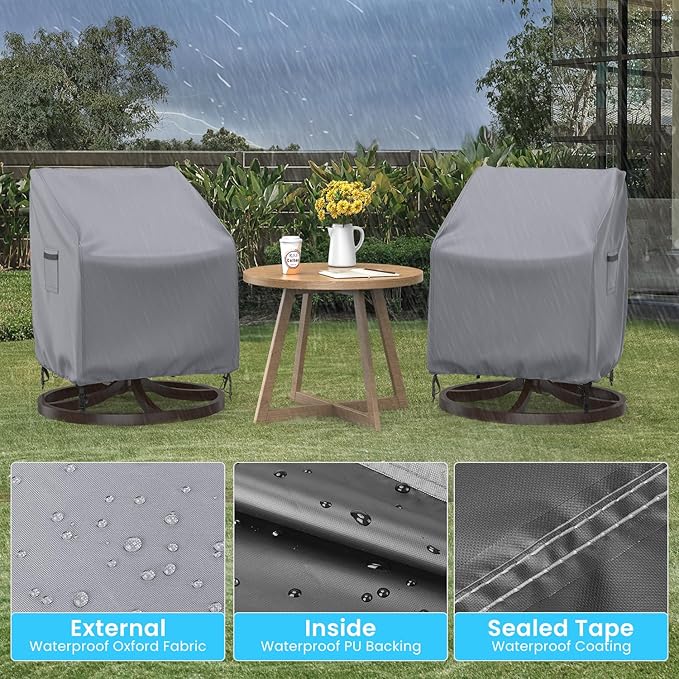 Swivel Patio Chair Covers, 2 Pack Waterproof Outdoor Rocking Chair Covers, Lawn Patio Furniture Covers, Heavy Duty Lounge Chair Cover, 30" W×34" D×38.5" H, Grey