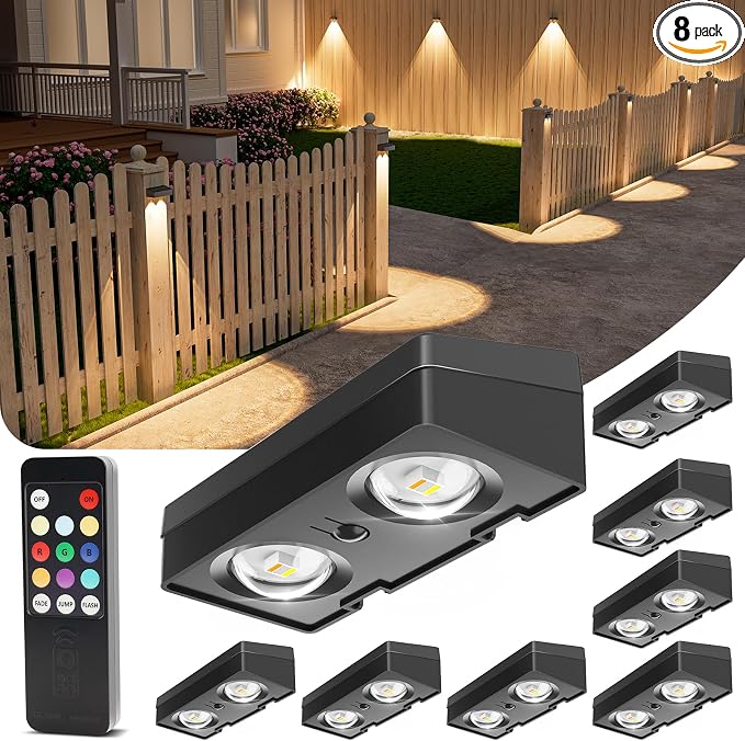 VOLISUN Solar Fence Lights with Remote Control, 50 Lumen LED Fence Lights Solar Powered, IP65 Waterproof, 10 RGB Color Long-Lasting Solar Lights for Backyard Garden Deck Patio Railing (8 Pack)