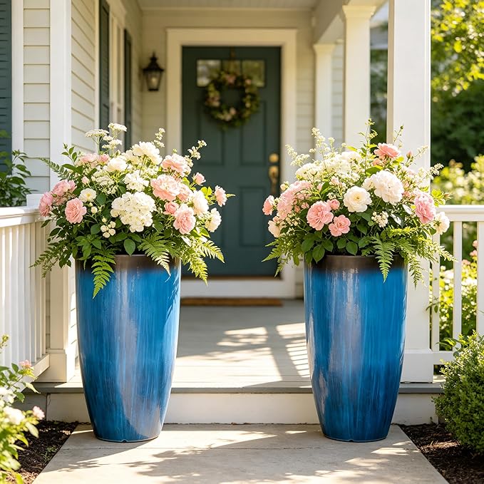 23.75" Round Tall Planters, 2-Pack Large Flower Pots for Indoor Outdoor Plants, UV-Protect PP Container for Garden Patio Yard Balcony Porch or Home Decor, Artistic Floating Cobalt Blue Glaze