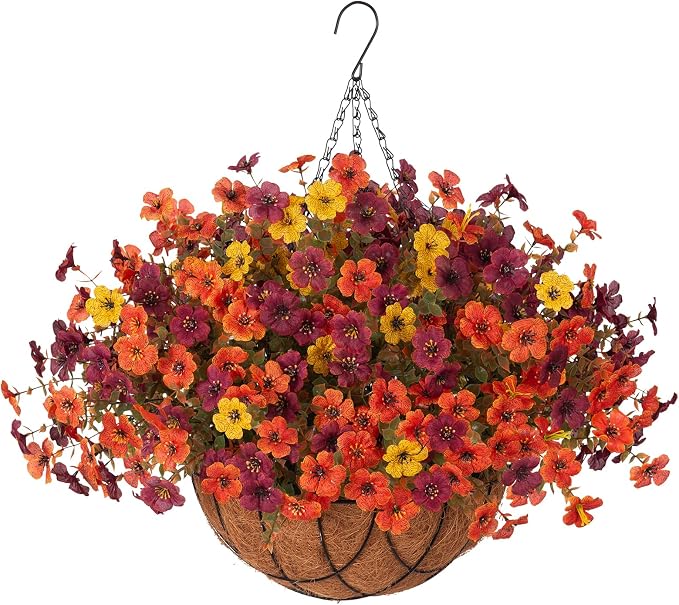 Fake Mums Artificial Fall Flowers with Hanging Baskets Outdoors for Decoration Faux mums for outdoor planters Daisy Flower with Eucalyptus Leaves for Porch Home Patio Balcony and Yard Autumn Decor
