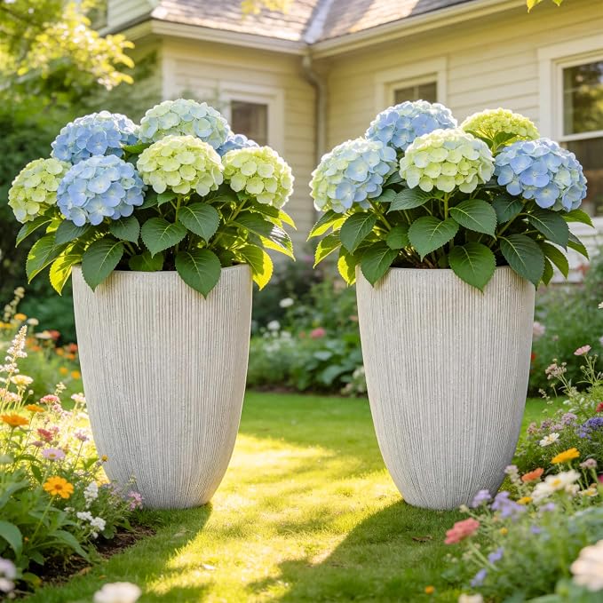 19" Tall Planter for Indoor Outdoor Plants, Set of 2 Large Flower Pot with Drainage Hole, Weather/UV-Resistant Resin Planters for Garden Patio Porch Home office Decor, Mediterranean Beige Fluted