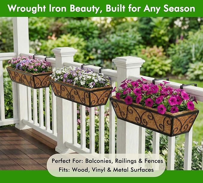 Y&M 24 Inch Window Deck with Coco Liner, Fence Metal Hanging Flower Planter Window Basket Deck Railing Planter Boxes for Outdoor Garden Lawn-Butterfly, 6pcs