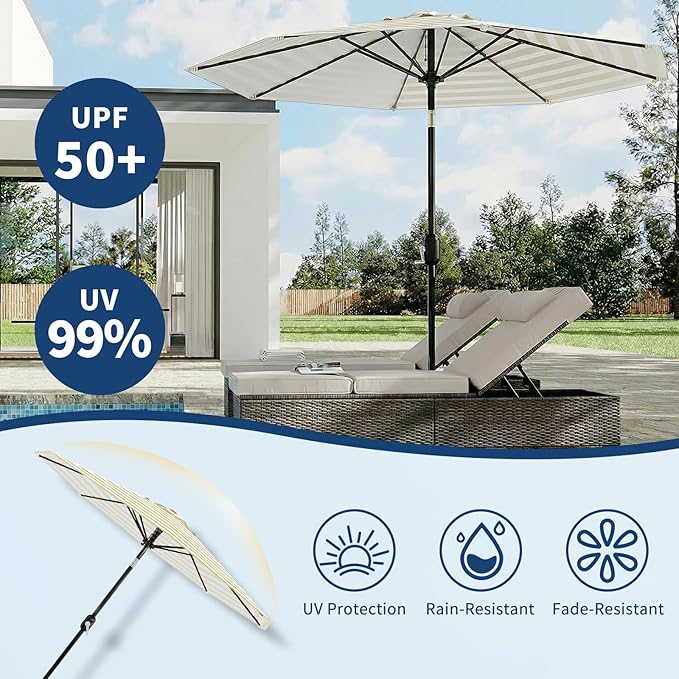 Garvee 9FT Outdoor Patio Umbrella 8 Sturdy Ribs Outdoor Table Umbrella with Crank Lift & Push Button Tilt - UV Protection Waterproof Market Umbrellas for Pool Deck Yard Garden, Tan & White Stripes