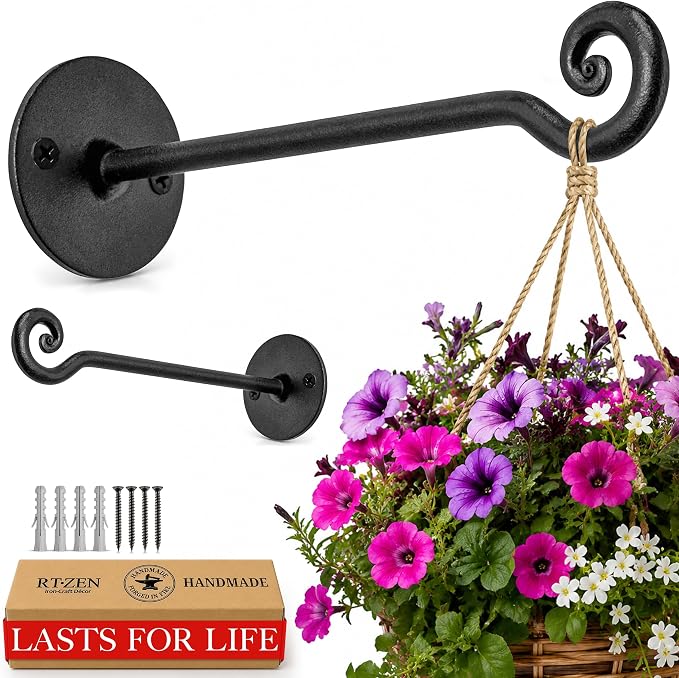 RTZEN Plant Hangers Outdoor or Indoor - Wrought Iron Metal Hanger Indoor Hook - Heavy Duty Wall Bracket Hooks for Hanging Plants Baskets Lanterns Bird Feeders - 2 Pack (Black Swirl Hooks 7.5")