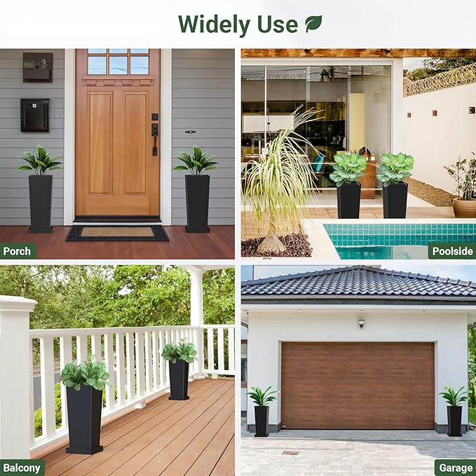 Metal Tall Outdoor Planters Set of 2, 18 inch Durable Tall Planters with Rust-Proof Coating & Drainage Insert Shelve & Trays, Black Outdoor Planters for Porch, Garden, Patio, Yard