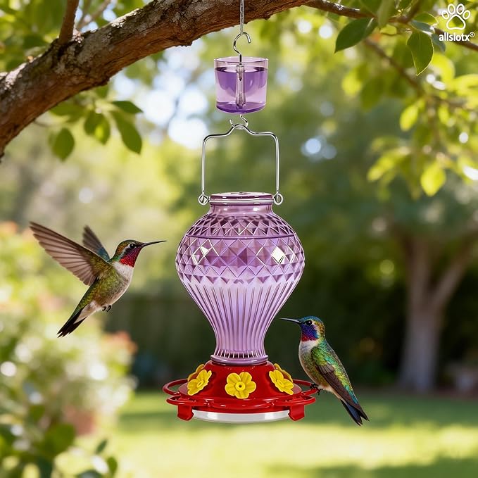 Glass Hummingbird Feeder for Outdoors Hanging, 20 oz Nectar Capacity, 6 Feeding Ports, Leak-Proof Rust-Free Plastic Base, Easy to Refill & Clean, Decorative Purple Glass Bird Feeder for Garden Patio