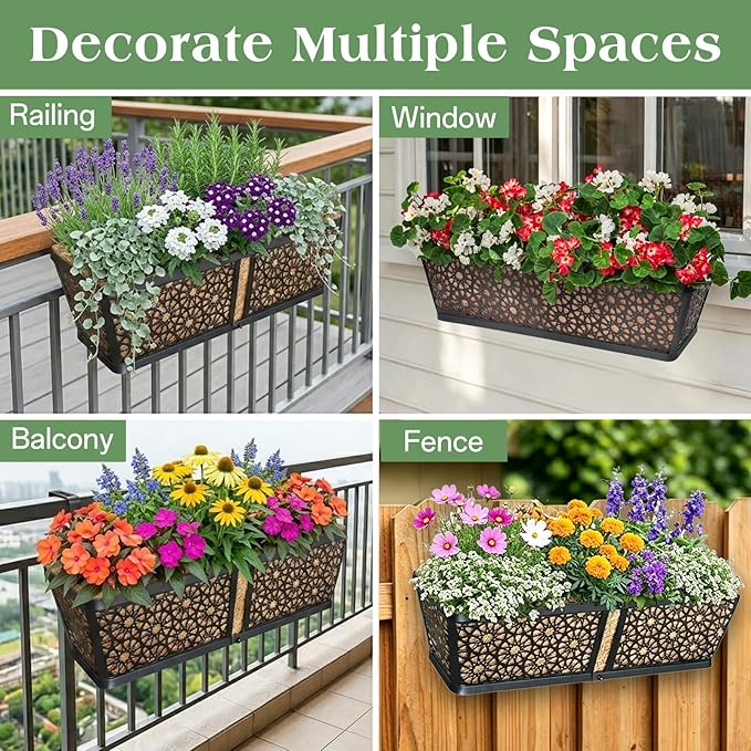 ZeeDix Railing Planter Boxes, 24 Inch Window Flower Box Planters with Coco Liner & Adjustable Brackets for Deck Porch Fence Patio Balcony Gardening Outdoor Plants (2 Pack)