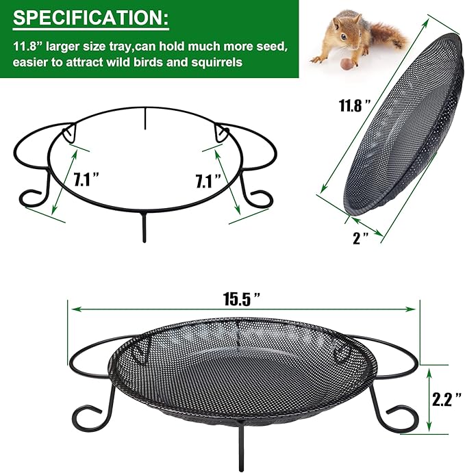 CQAIRIOU Upgraded Ground Platform Bird Feeder Tray,11.8” Stainless Steel Large Bird Feeder Mesh Seed Tray with A Exquisite Tray Station,Attract Wild Birds,Great Decoration for Garden Backyard