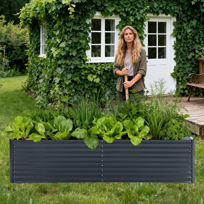 Garvee Galvanized Raised Garden Bed Large Rectangular Kit with Cover Zippered Screen Doors, Open Base Design, Thick Steel, Easy Assembly, Planter Box for Vegetables, Flowers (Grey, 8x4x2 ft)
