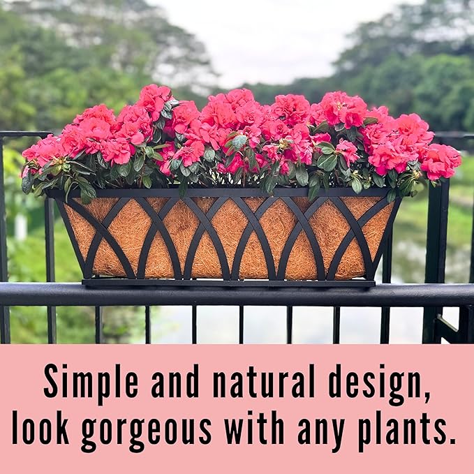 LaLaGreen Deck Railing Planter Boxes (30 Inch, 2 Pack) Wall Hanging Planters for Outdoor Plants, Black Metal Rectangular Window Flower Box with Coco Liner, Horse Trough Rail Fence Porch Patio Decor