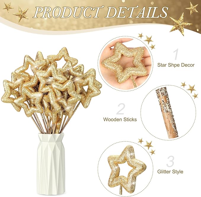 BrightRow 60 Pcs Golden Star Picks for Table Decorations Centerpieces 9.8" Glitter Sparkly Foam Stems Sticks for Floral Arrangements Graduation Baby Shower Party Wedding Supplies(Hollow Star)