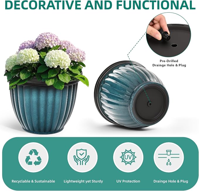15" Large Flower Pots, Set of 2 Plastic Planters for Outdoor Indoor Plants with 3D Ribbed Textures, Drainage Holes, Weather-Resistant Planters for Porch Garden Patio, Gradient Teal Blue