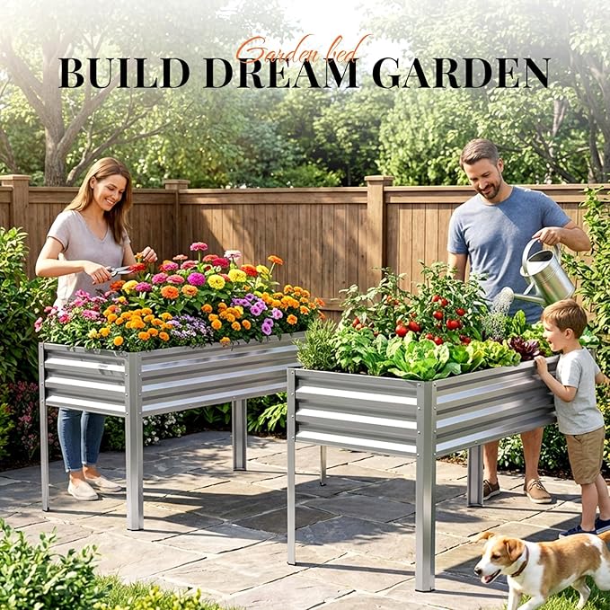 KING BIRD Large Raised Garden Bed with Legs Galvanized Elevated Planter Box 48×24×32 in for Backyard, Patio, Balcony, 400lb Capacity, Silver