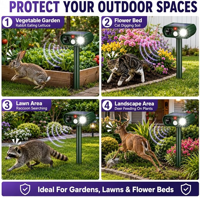 2 Pcs Upgraded Solar Animal Repellent Ultrasonic Outdoor for Cat Squirrel Racoon Rabbit Fox,Sonic Deer Repellent Devices Waterproof Flashing Light Motion Sensor Animal Repeller Deterrent for Garden