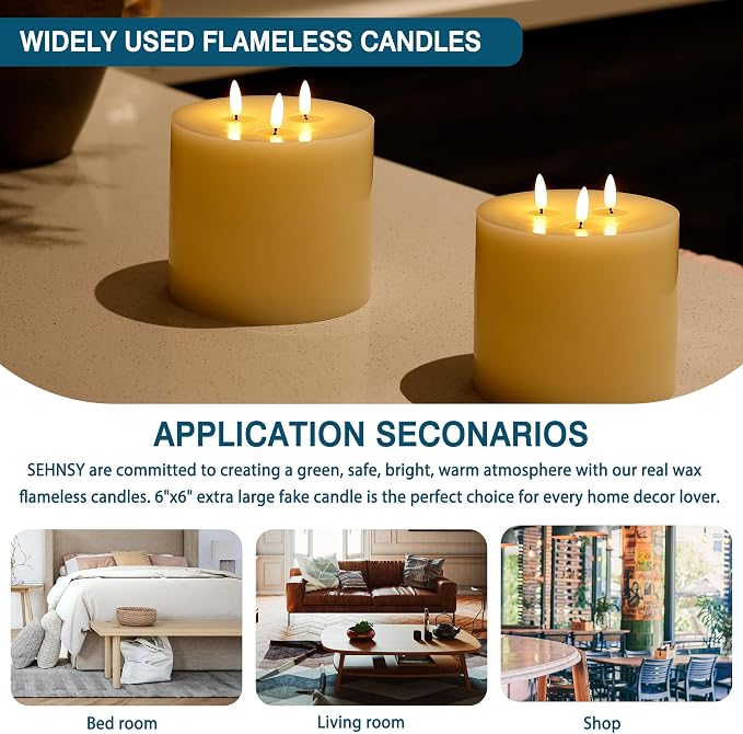 Extra Large Flameless Pillar Candle 6x6, 3 Wick Battery Operated LED Candle with Remote & Timer, 3D Triple Flame Real Wax Shell Candle for Cozy Home Decor