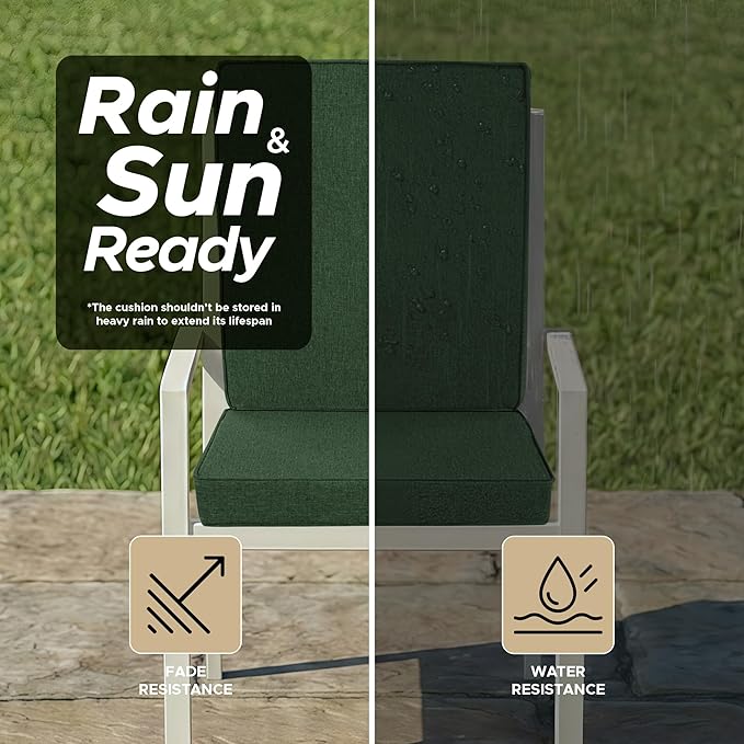 Outdoor Chair Cushions, Water-Resistant & Fade-Resistant, Patio Furniture Lawn Dining Chair Seat Replacement with Mid Back, Ties Zipper, Removable Cover, 18 x 16.5 Inch, Set of 1, Olive Green