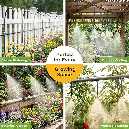 50FT Drip Irrigation Kit, 360° Adjustable Garden Watering System with 1/4" Tubing, Brass Misting Nozzles, DIY Irrigation System for Plants, Raised Beds, Greenhouse