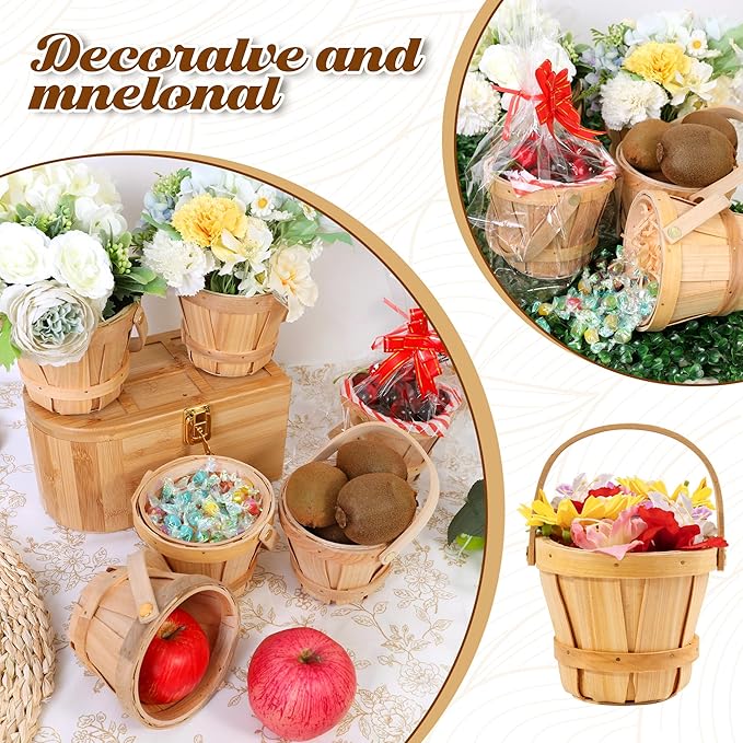 6 Pcs Mini Wooden Apple Baskets 3 x 5.1 Inch Empty Fall Harvest Basket Farmers Market Berry Baskets with Handle for Fruit and Vegetable Picking Wooden Bucket Basket, Wedding Party Decor (10)