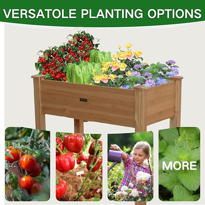 Wooden Raised Garden Bed with Legs, Elevated Reinforced Planter Box with Bed Liner for Backyard/Patio/Gardener, 34x18x30in, 150lb Capacity, Acorn Brown