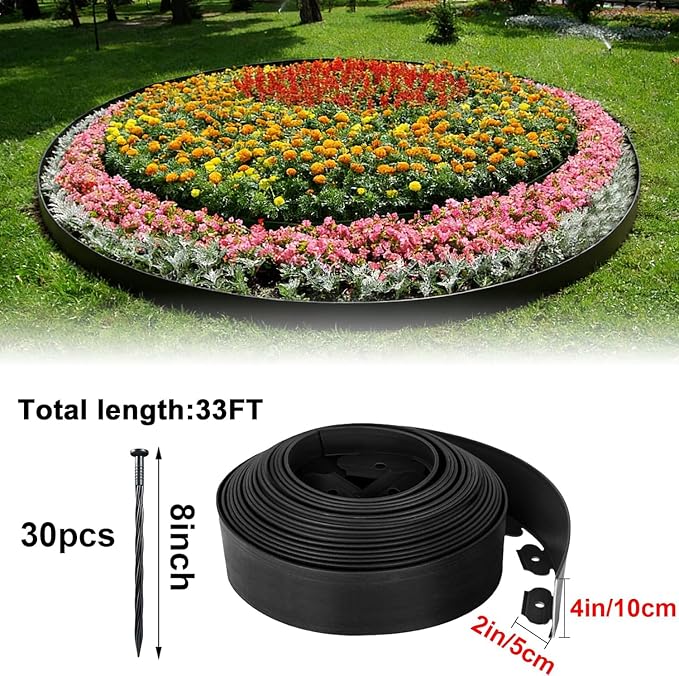 Landscape Edging 33FT,4IN High Garden Edging Borders,Lawn Edging Kit with 30 Spikes, Plastic Fence Edge DIY for Yard,Tree,Flowerbeds,Landscaping,Grass -Brown