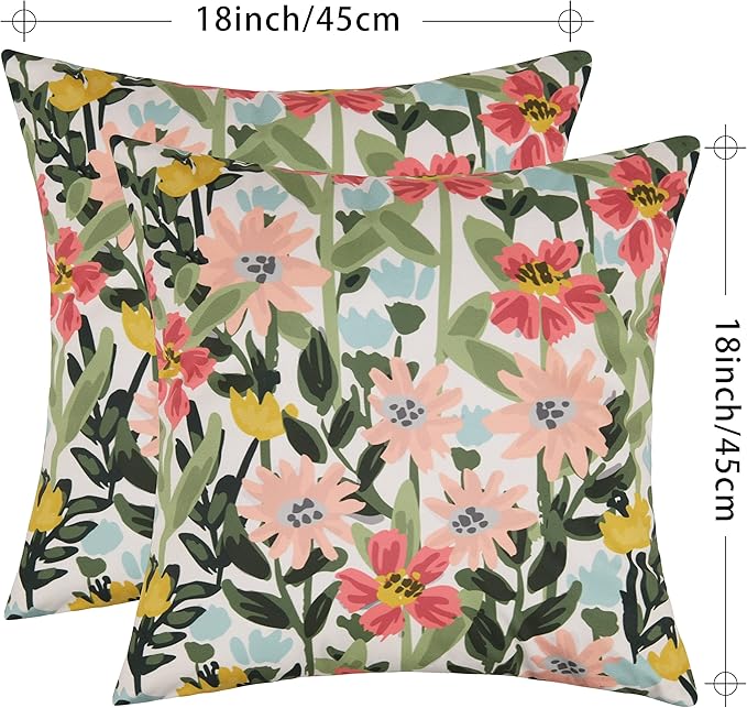 Pyonic Outdoor Pillows Covers Pack of 2 Spring Summer Floral Waterproof Throw Pillow Covers 18X18 inch Outdoor Pillows for Patio Furniture Garden Square Outside Waterproof Pillow
