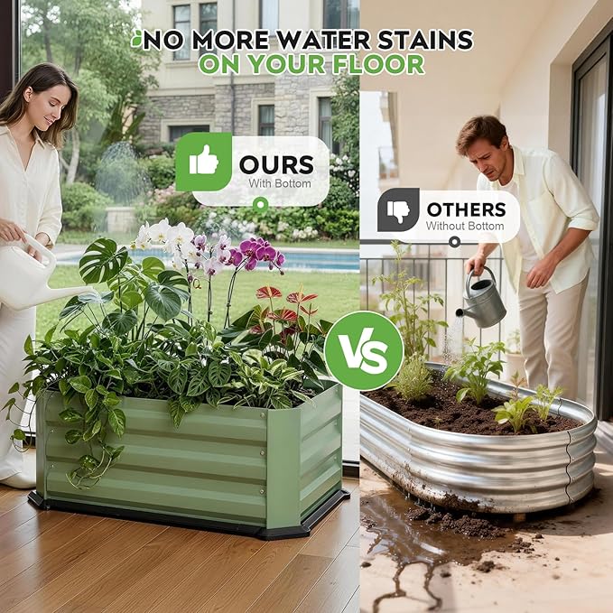2 Pcs Galvanized Raised Garden Bed with Bottom, Indoor Metal Raised Garden Beds, Easy Assembly No leaks & Rust-Proof Flower Bed, Outdoor Planter Box for Vegetables, Herbs, Patio, Balcony, Green