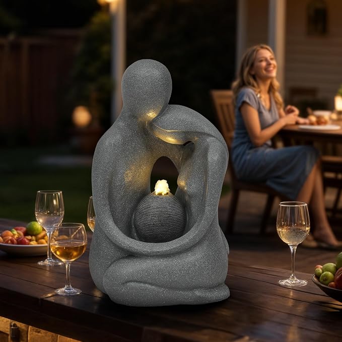 AUTODAYA 20.9in Hugging Couple Outdoor Water Fountain with LED Lights, Modern Couple Silhouette Garden Water Fountain for Patio, Yard,or Indoor Décor