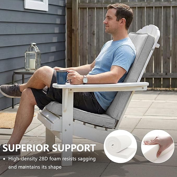 Adirondack Chair Cushions Set of 2 - Removable Covers, Water-Repellent & Fade-Resistant Faux Linen, Securing Straps, Non-Slip Bottom, Fit for Most Outdoor Adirondack & Rocking Chairs - Light Grey