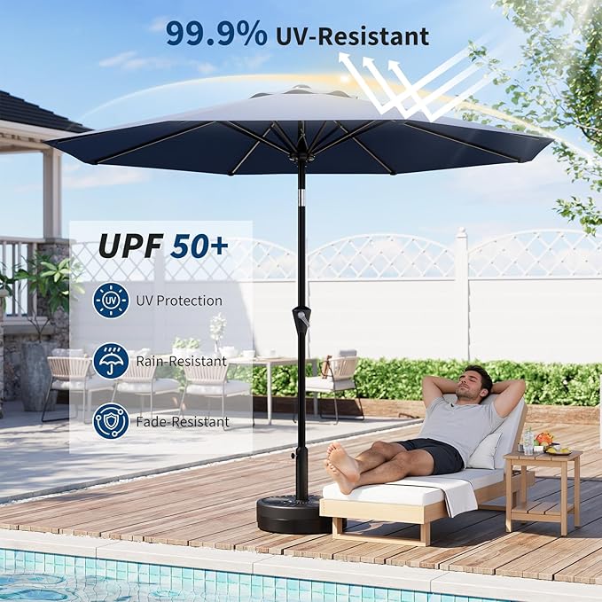 GarveeLife 10FT Umbrella Outdoor Patio, Table Umbrella with Push Button Tilt and Crank, 8 Sturdy Ribs Waterproof UV Protection for Garden, Pool, Deck, Backyard, Market (Navy)