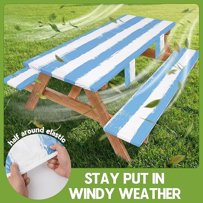 Picnic Table Cover with Bench Covers Camping Essentials Waterproof Windproof Patio Outdoor Tablecloth with Storage Bag, Fitted Rectangle Tables and Seats Tablecover for Rv Owner Camper 72in