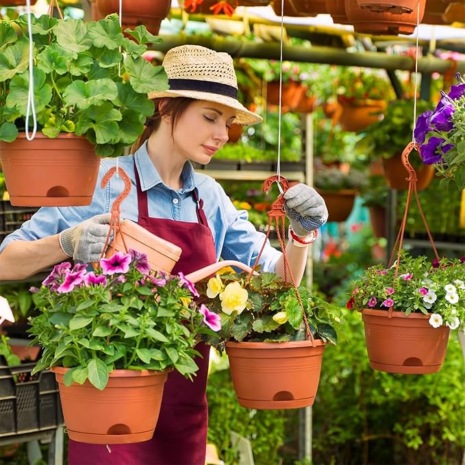 Roshtia 20 Pcs 10 Inch Hanging Baskets for Plants Large Plastic Hanging Basket Pots with Drainage Trays Self Watering Planter Pots for Outdoor Indoor Plants Flowers Garden Balcony (Brown)
