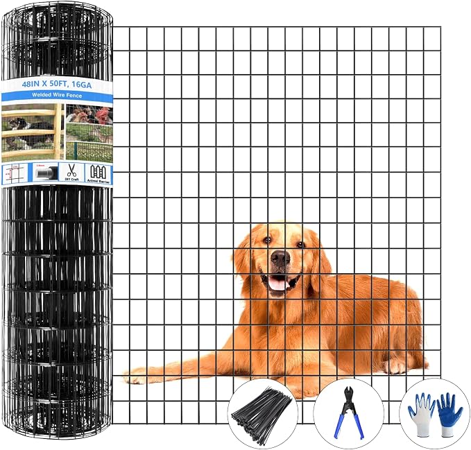 GILPWA Welded Wire Fence, 50ft(L) x 48inch(H) Garden Fence for Dog, 2 Inch x 3 Inch 16GA Fencing for Chicken, PVC Coated Anti-Rust Roll Metal Wire Mesh Fence for Yard Vegetable, Black