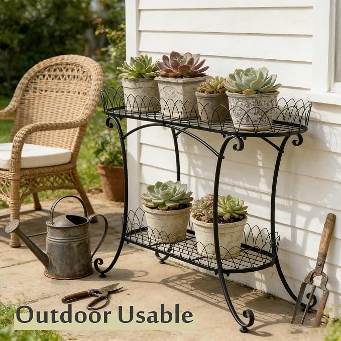 Black Two-Tier Plant Stand with Ornate Edge, 39-inch Long Top Shelf & Waistline Legs, Pots Stand, Fantastic Garden Decor for Indoor Outdoor Use