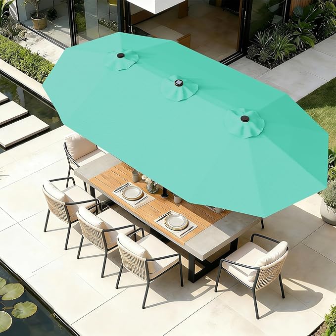 AreShark 13 FT Patio Umbrella with Solar Lights, Double-Sided Outdoor Table Umbrellas with Crank, Large Rectangular Market Umbrella for Porch, Lawn, Pool, Backyard, Cerulean
