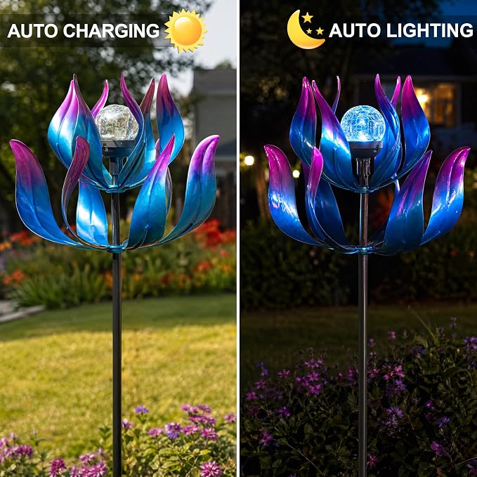 61'' Solar Wind Spinners for Yard and Garden - Large Metal Kinetic with Solar Powered LED Crackle Glass Globe, Vibrant Blue & Purple Gradient Lotus Flower Yard Art for Outdoor, Patio, Lawn Decor